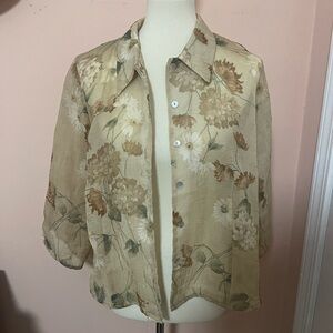Vintage K Studio Women’s Sheer Floral Beige Button Down Shirt Open Back Sz16